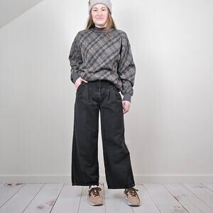 Vintage 80s 90s Plaid Wool Grandpa Sweater Gray Brown Large